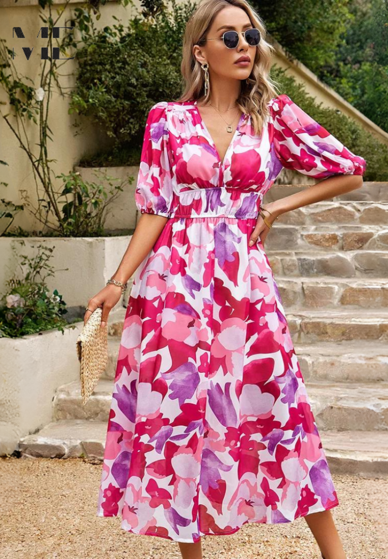 Women's Elegant Floral Midi Evening Dress with Puff Sleeves - 4