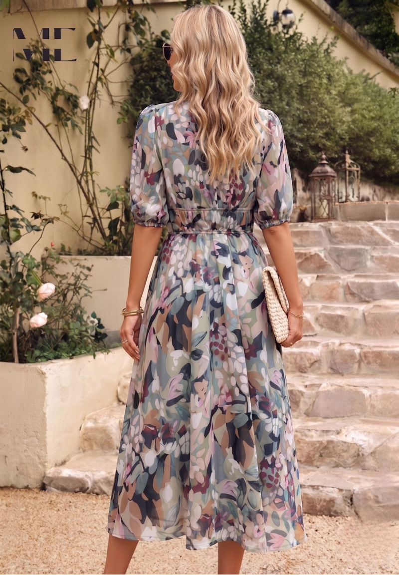 Women's Elegant Floral Midi Evening Dress with Puff Sleeves - 5