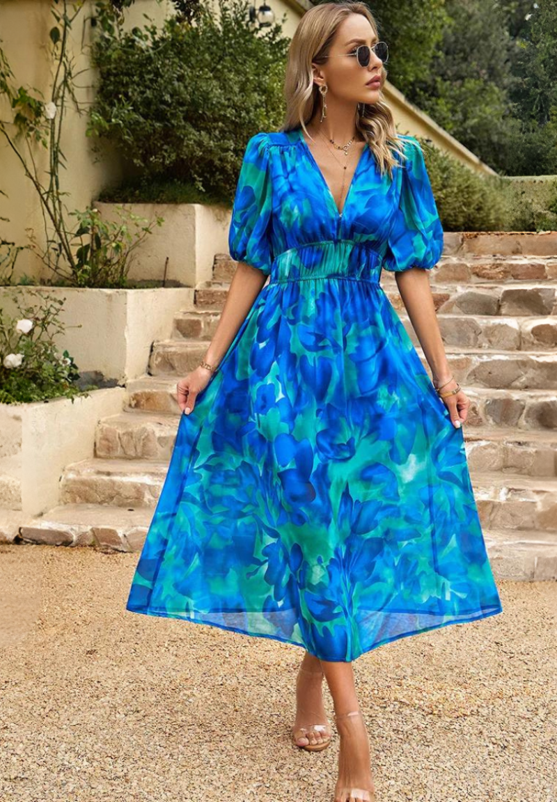 Women's Elegant Floral Midi Evening Dress with Puff Sleeves - 6