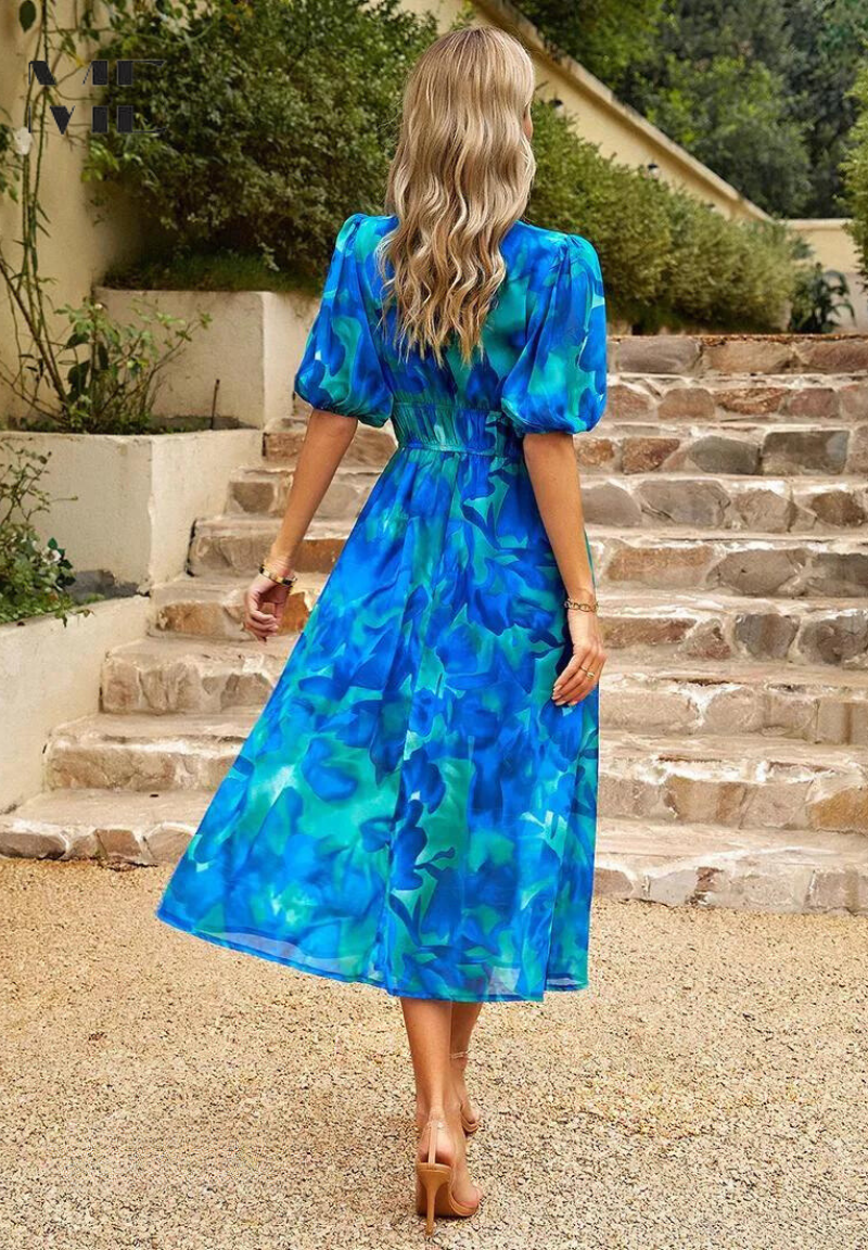 Women's Elegant Floral Midi Evening Dress with Puff Sleeves - 7
