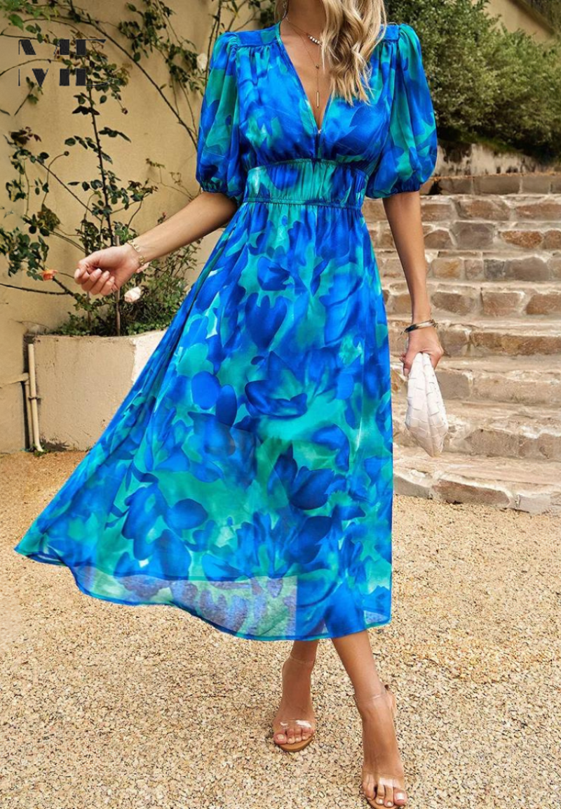 Women's Elegant Floral Midi Evening Dress with Puff Sleeves - 9
