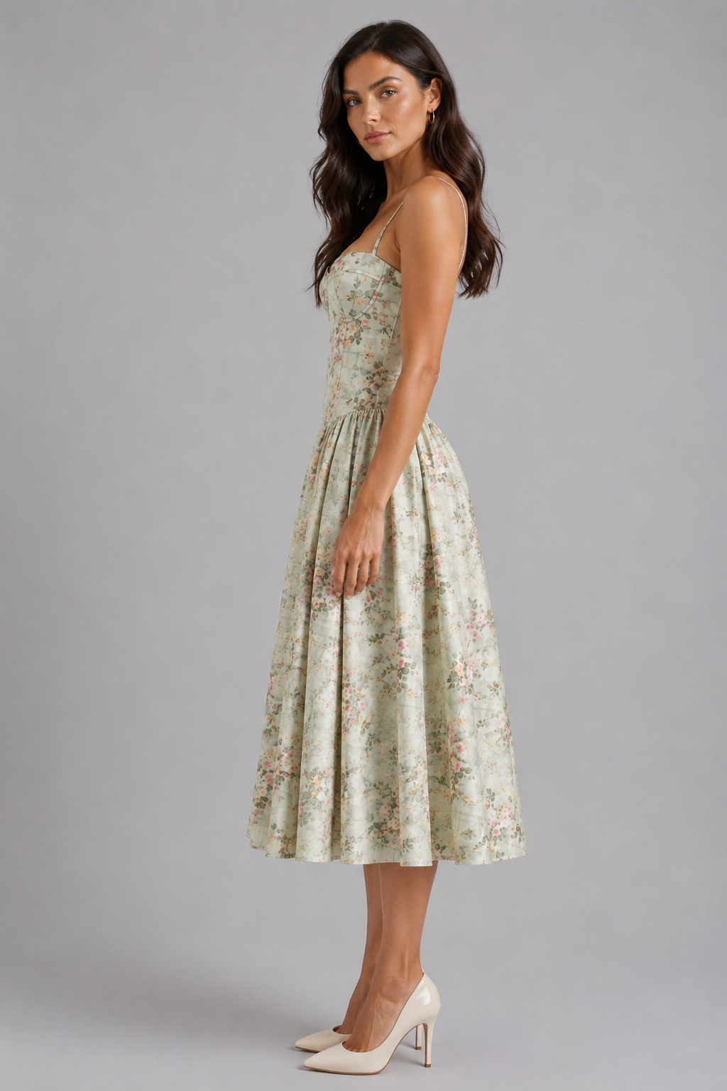 Women's Floral Corset Midi Dress Sweetheart Neck Wedding Guest Style