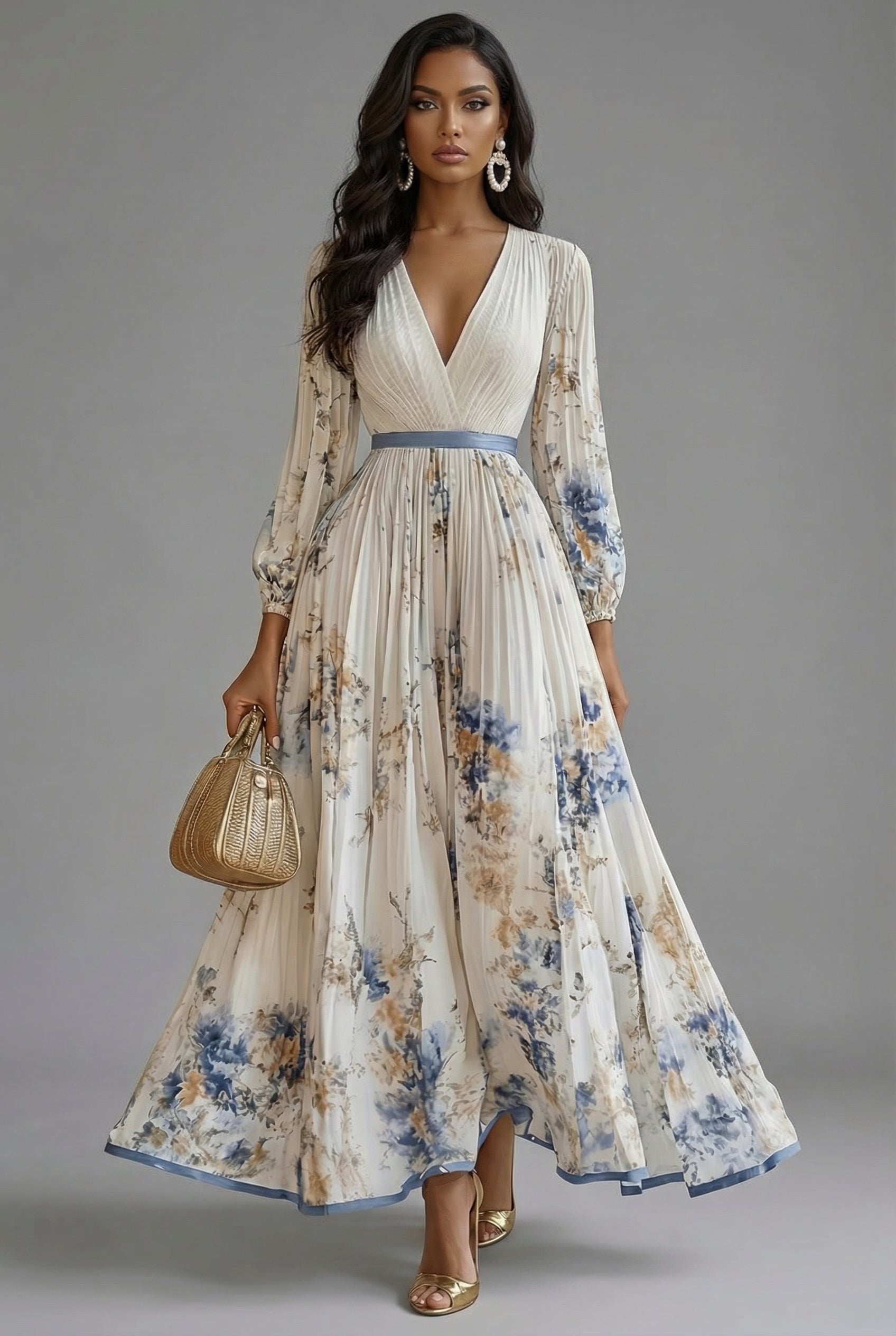 Women's Floral Maxi Dress V-Neck Long Sleeve Wedding Guest