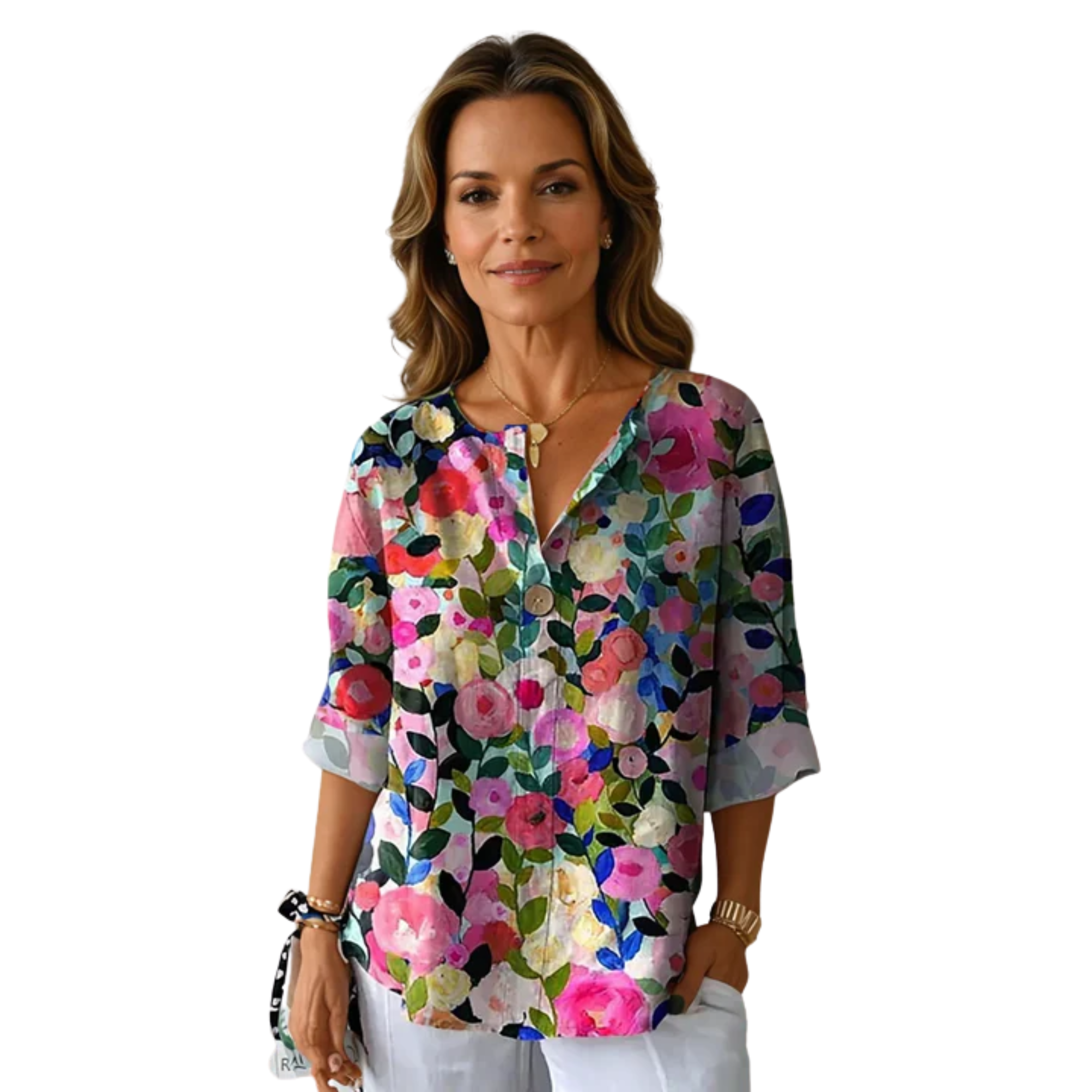 Women's Floral Print Blouse Three Quarter Sleeve Button Front Loose - 2