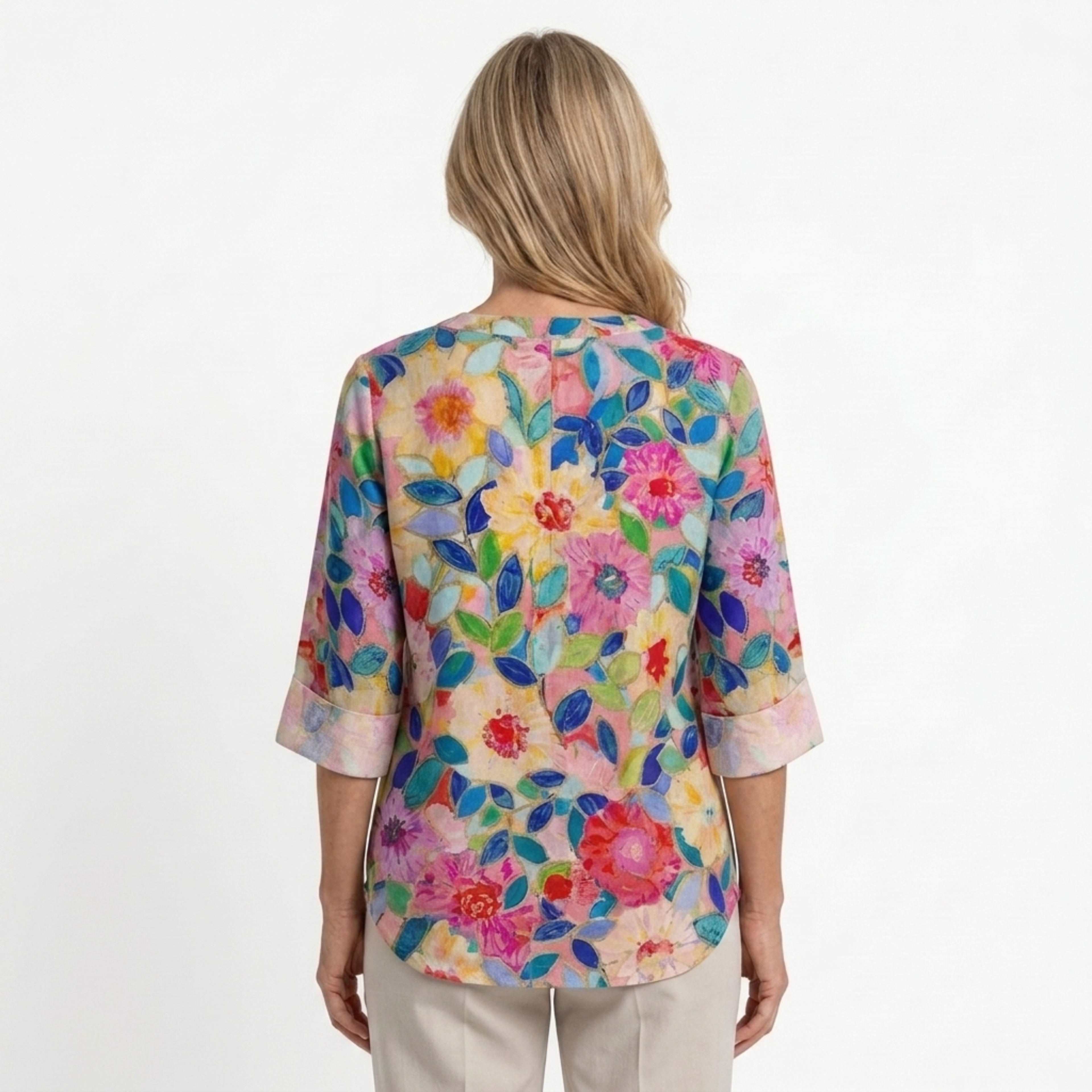 Women's Floral Print Blouse Three Quarter Sleeve Button Front Loose - 6