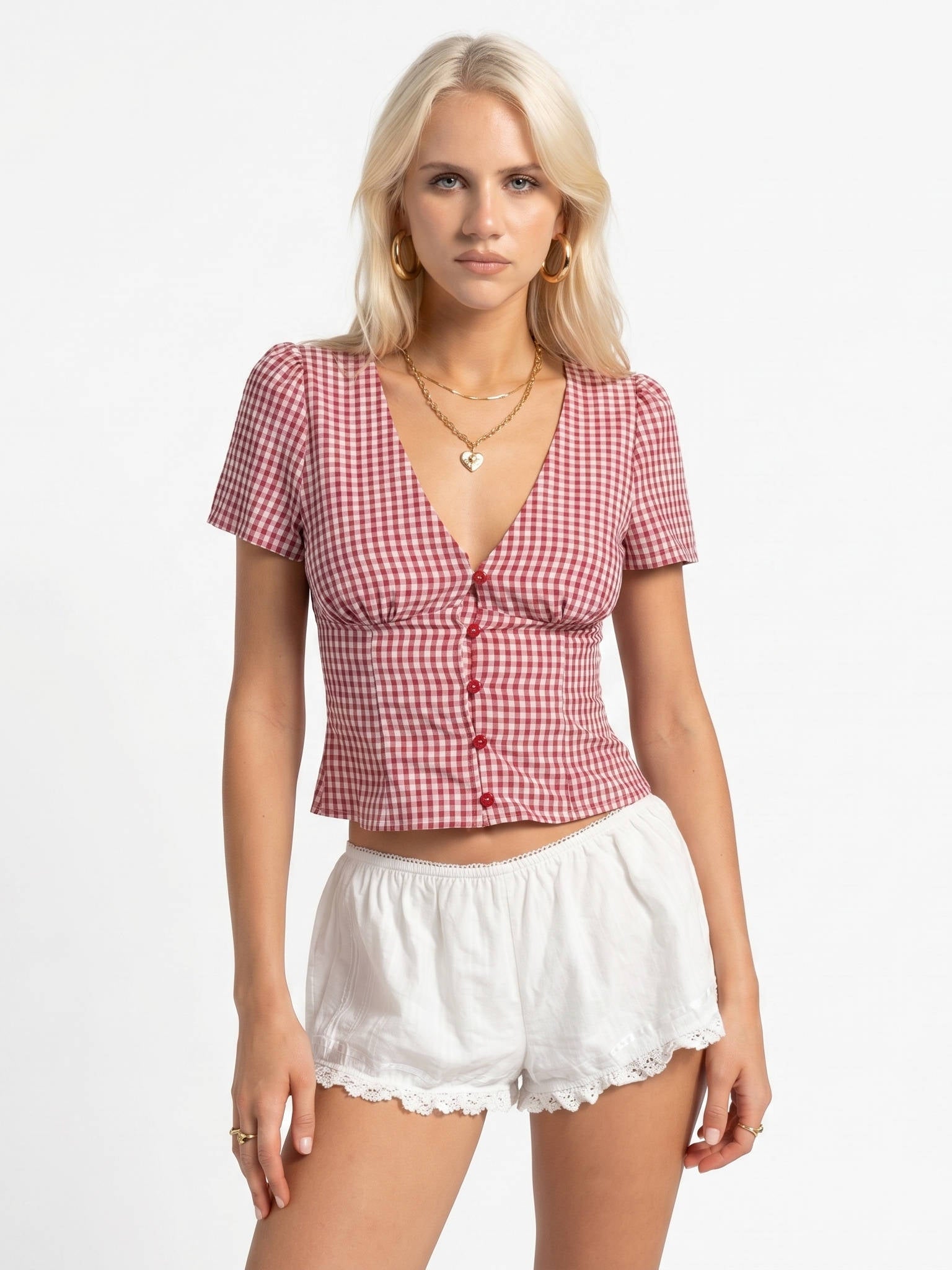 Women's Gingham Crop Summer Blouse V-Neck Puff Sleeve Ruched Button - 1