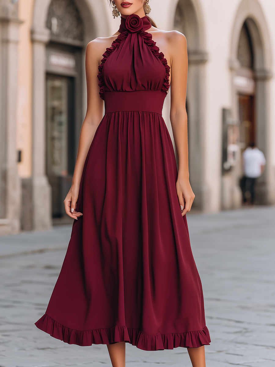 Women's Halter Ruffle Midi Dress Rosette Detail Fitted Waist A-Line - 1
