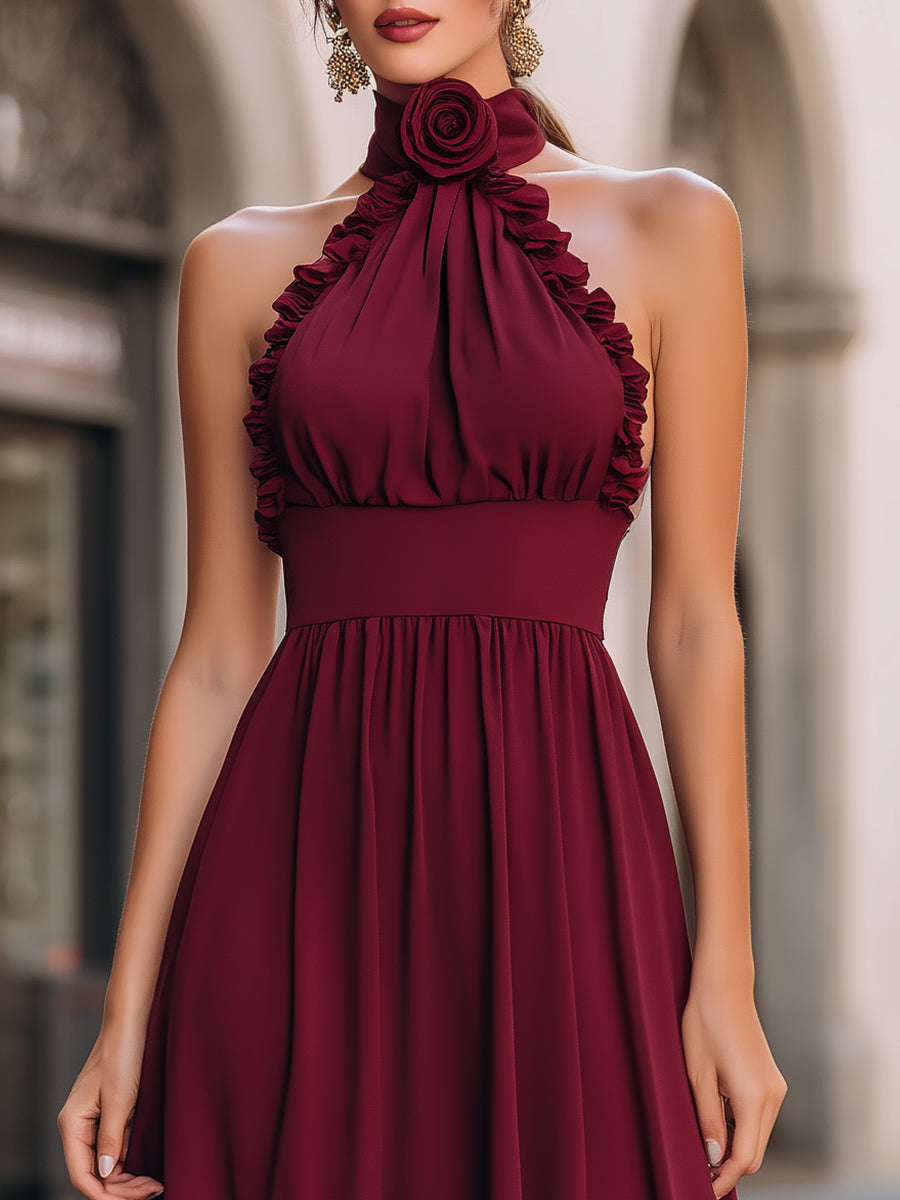 Women's Halter Ruffle Midi Dress Rosette Detail Fitted Waist A-Line - 2