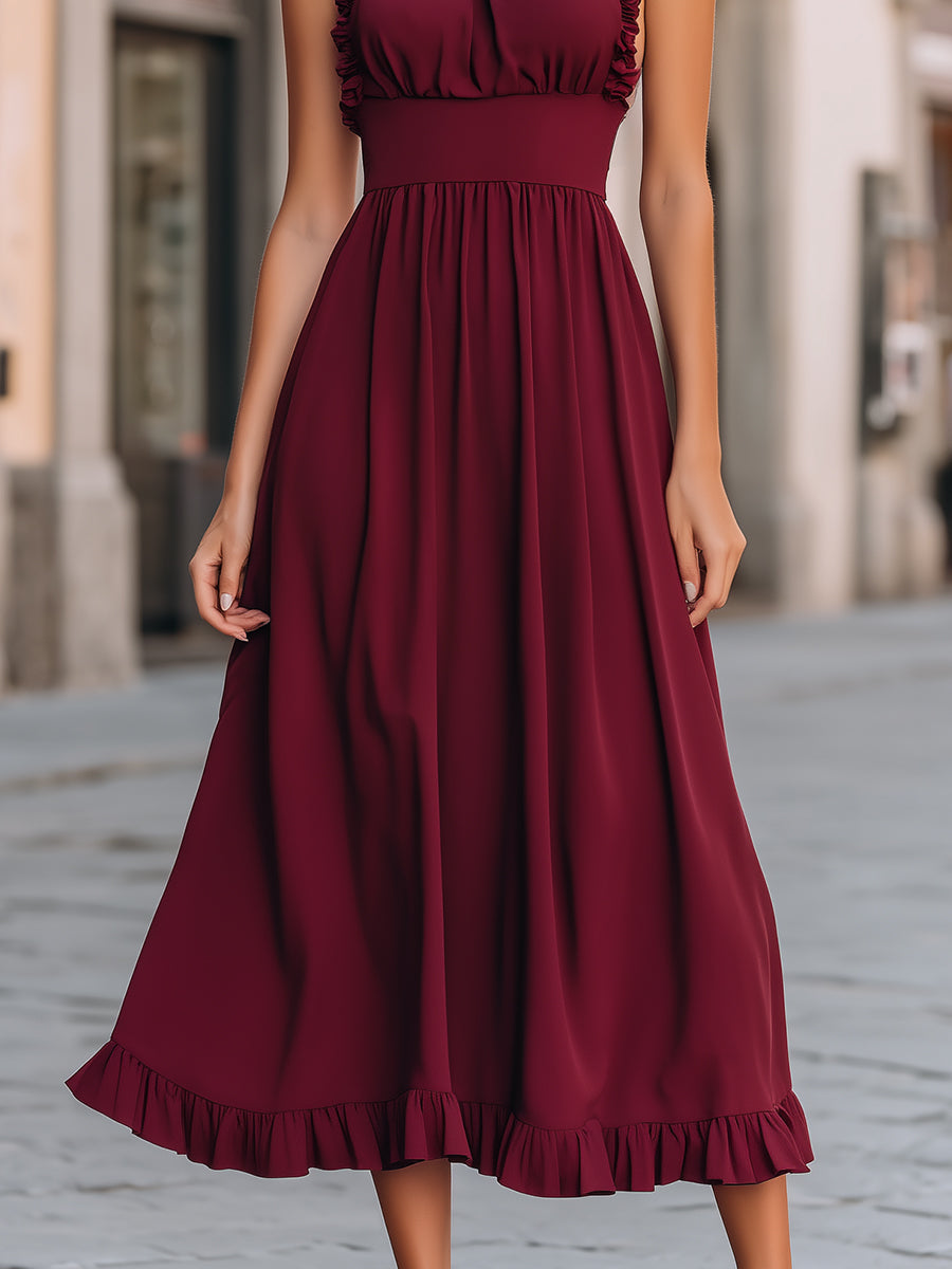Women's Halter Ruffle Midi Dress Rosette Detail Fitted Waist A-Line - 3