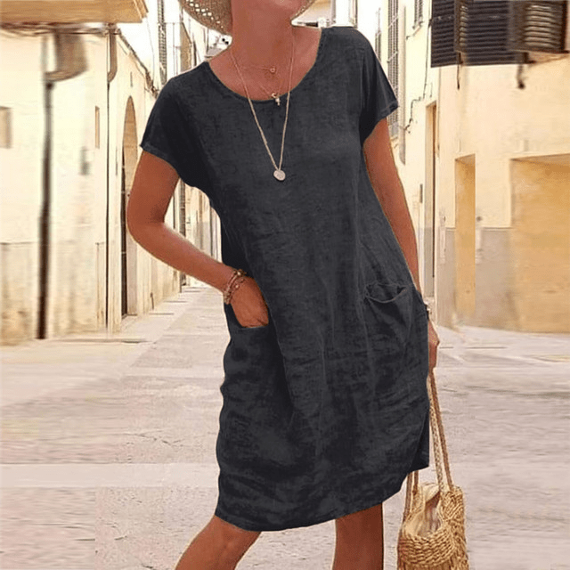 Women's Linen Midi Evening Dress with Short Sleeves and Pockets - 1