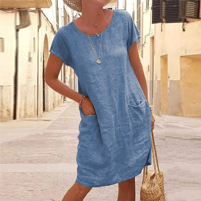 Women's Linen Midi Evening Dress with Short Sleeves and Pockets - 2