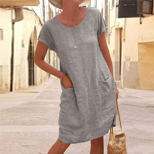 Women's Linen Midi Evening Dress with Short Sleeves and Pockets - 3