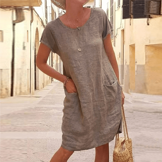 Women's Linen Midi Evening Dress with Short Sleeves and Pockets - 4