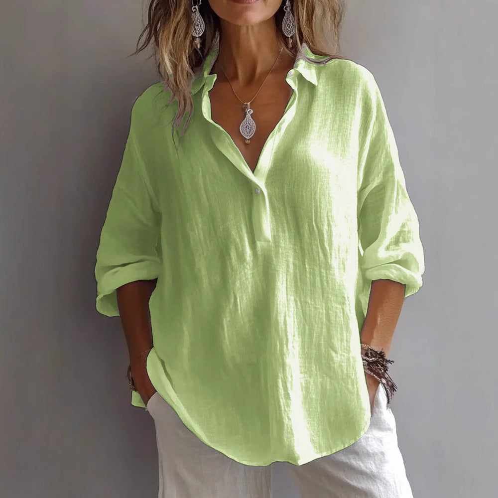 Women's Linen Shirt with Wide Sleeves and Button Placket - 1