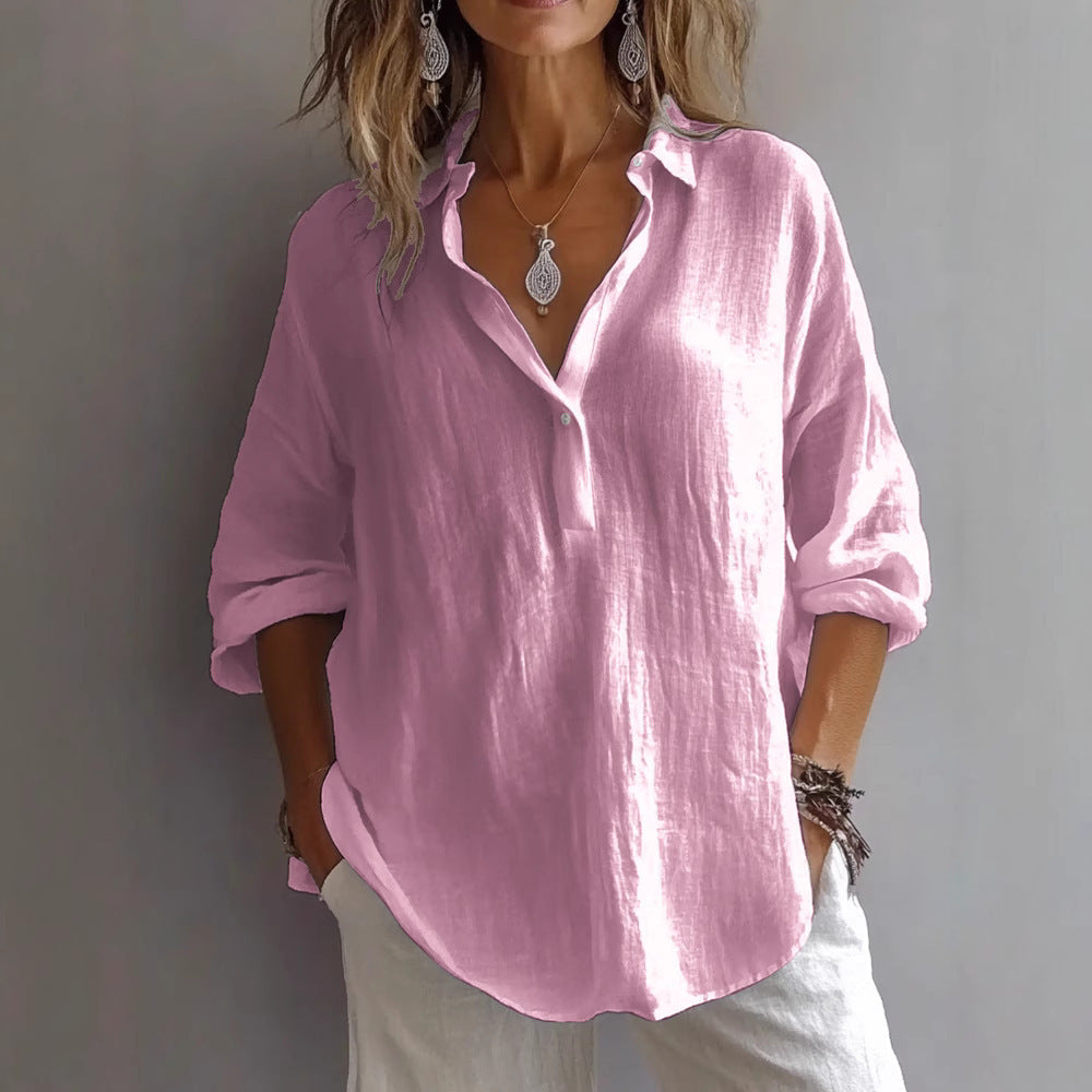 Women's Linen Shirt with Wide Sleeves and Button Placket - 2