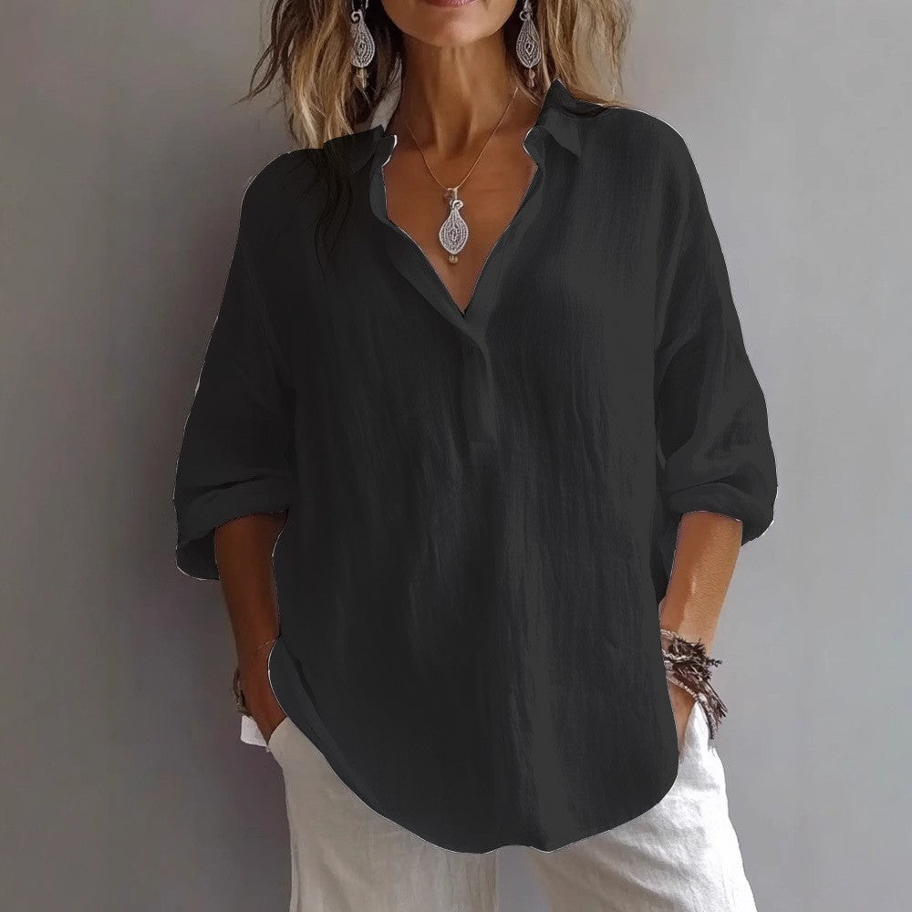 Women's Linen Shirt with Wide Sleeves and Button Placket - 3