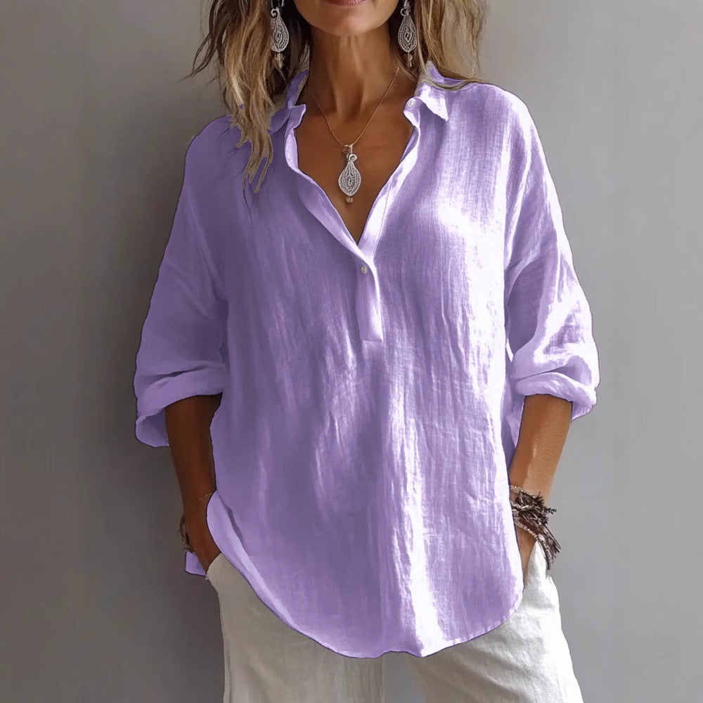 Women's Linen Shirt with Wide Sleeves and Button Placket - 5