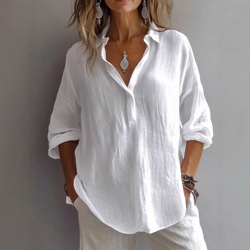 Women's Linen Shirt with Wide Sleeves and Button Placket - 6