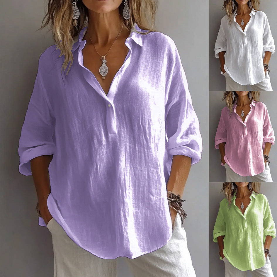 Women's Linen Shirt with Wide Sleeves and Button Placket - 7