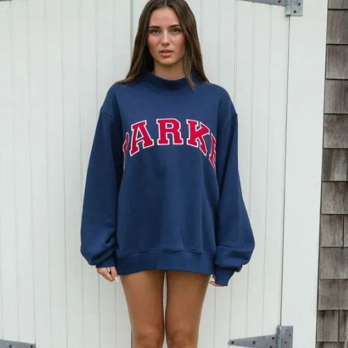 Women's Oversized Crewneck Sweatshirt with Chenille Collegiate Print - 3