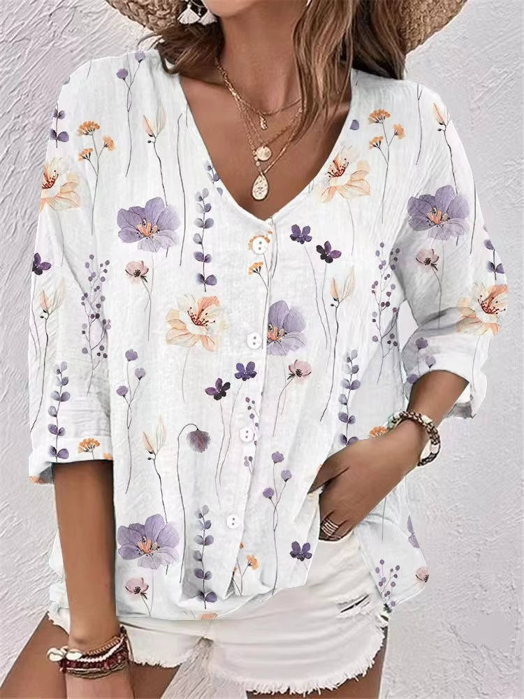 Women's Printed V-Neck Blouse Three Quarter Sleeve Button Front Relaxed - 1