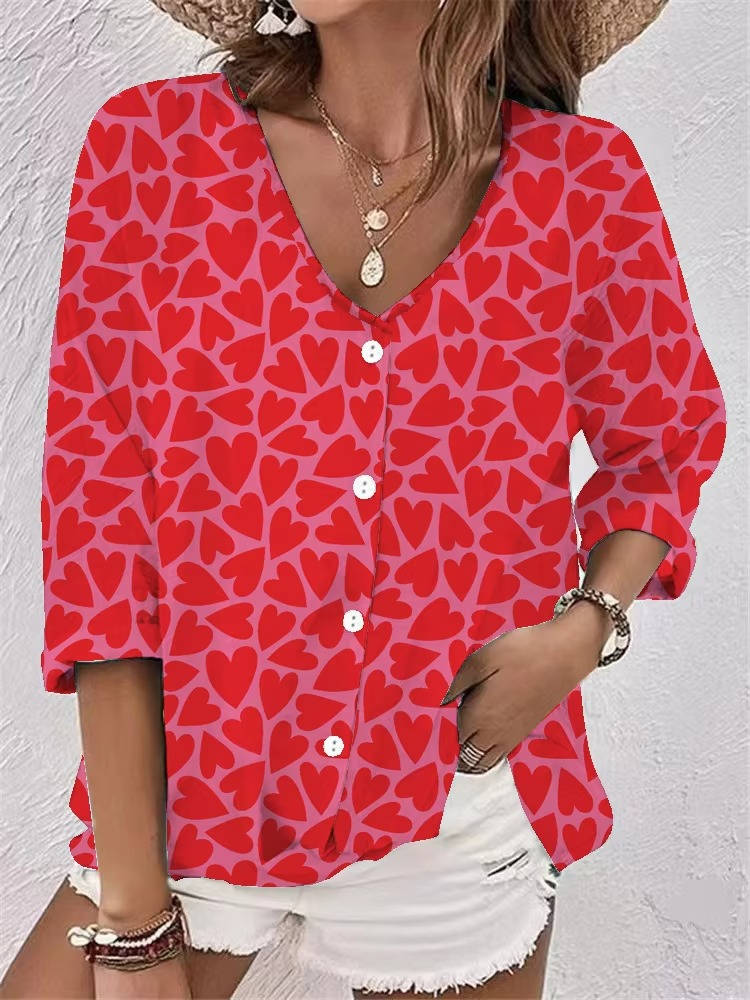 Women's Printed V-Neck Blouse Three Quarter Sleeve Button Front Relaxed - 4