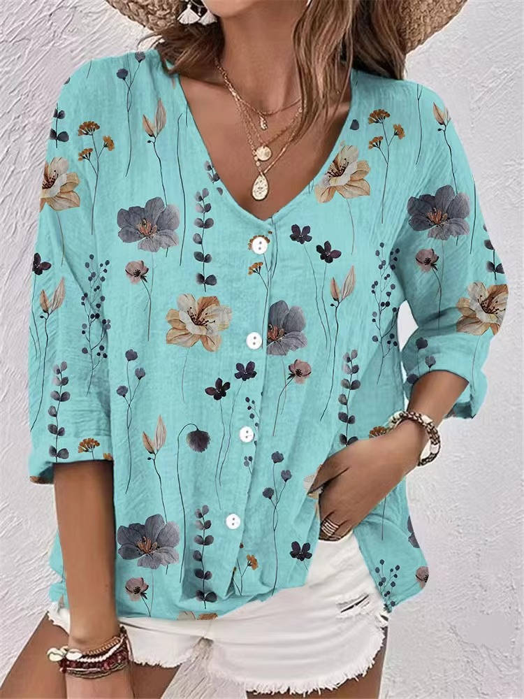 Women's Printed V-Neck Blouse Three Quarter Sleeve Button Front Relaxed - 5