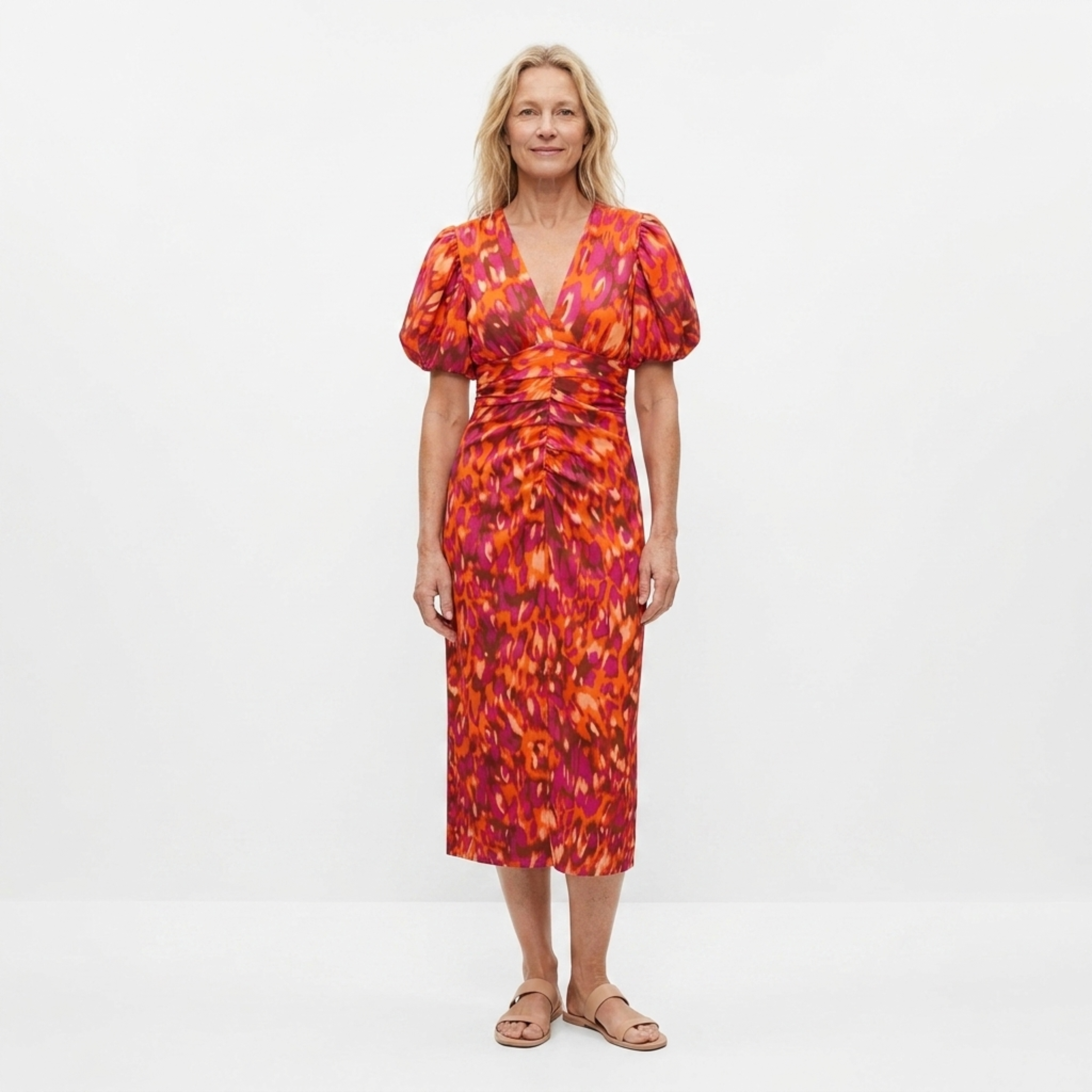 Women's Printed Wrap Maxi Dress Deep V-Neck Volume Sleeve Crossover - 4