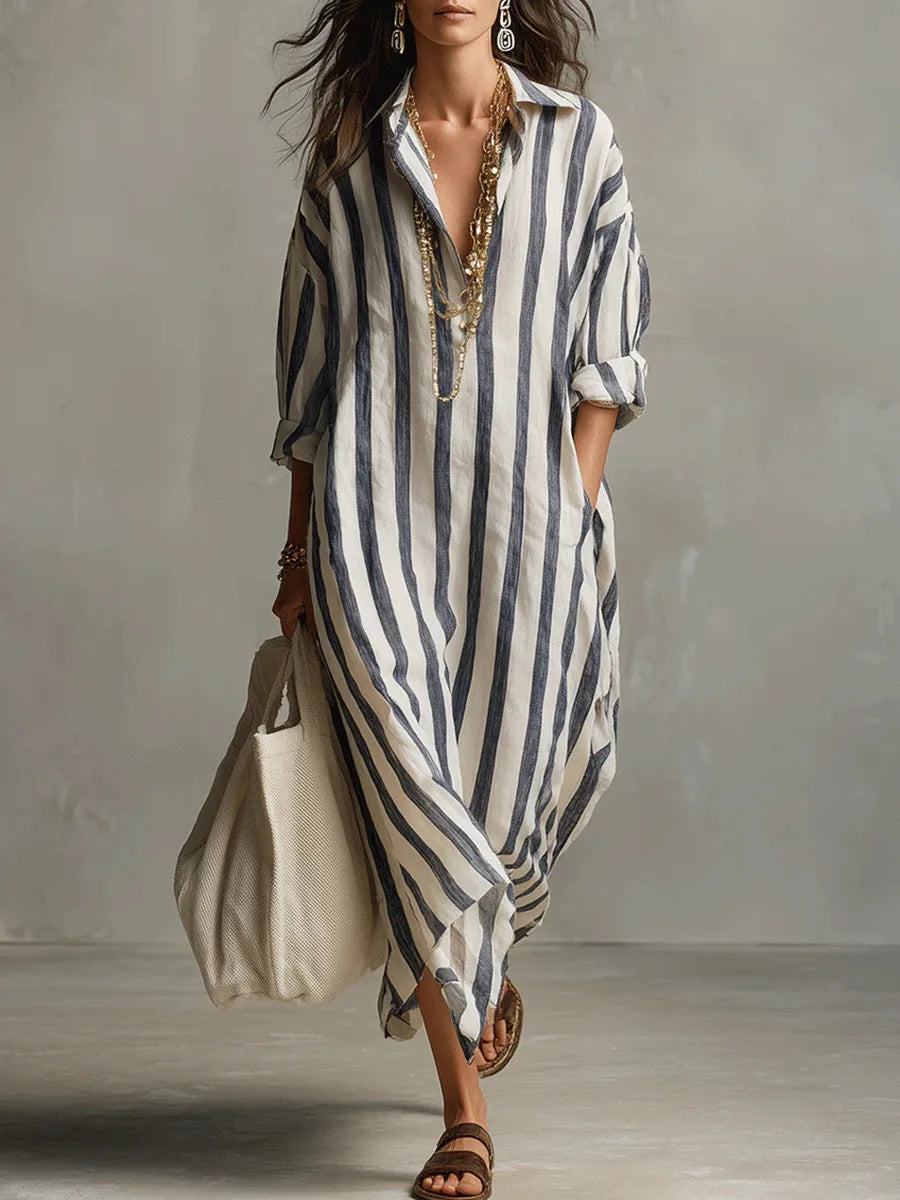Women's Relaxed Linen Shirt Midi Dress with Button Detail - 1