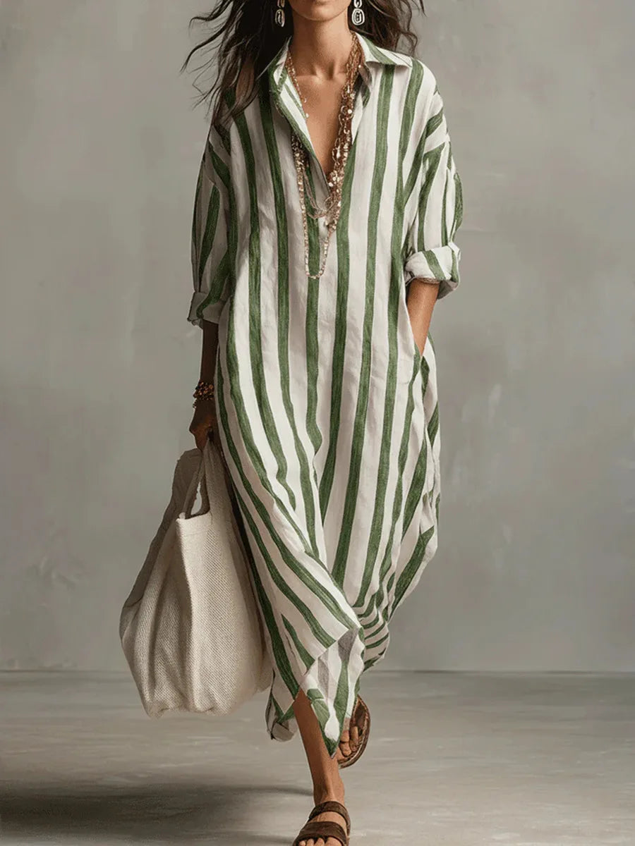 Women's Relaxed Linen Shirt Midi Dress with Button Detail - 2