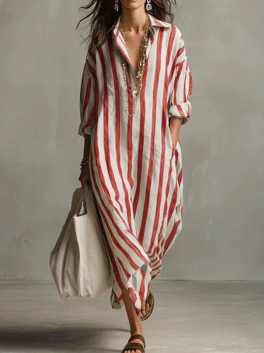 Women's Relaxed Linen Shirt Midi Dress with Button Detail - 3