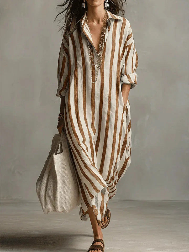 Women's Relaxed Linen Shirt Midi Dress with Button Detail - 4