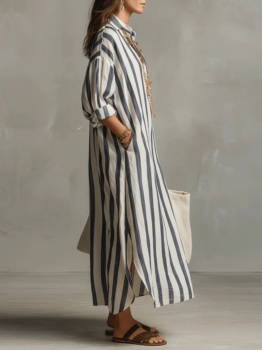 Women's Relaxed Linen Shirt Midi Dress with Button Detail - 5