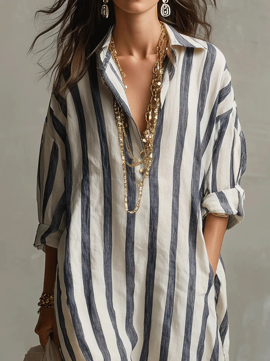 Women's Relaxed Linen Shirt Midi Dress with Button Detail - 6