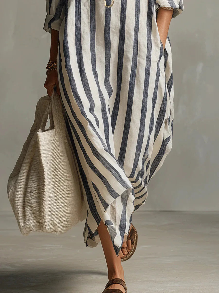 Women's Relaxed Linen Shirt Midi Dress with Button Detail - 7