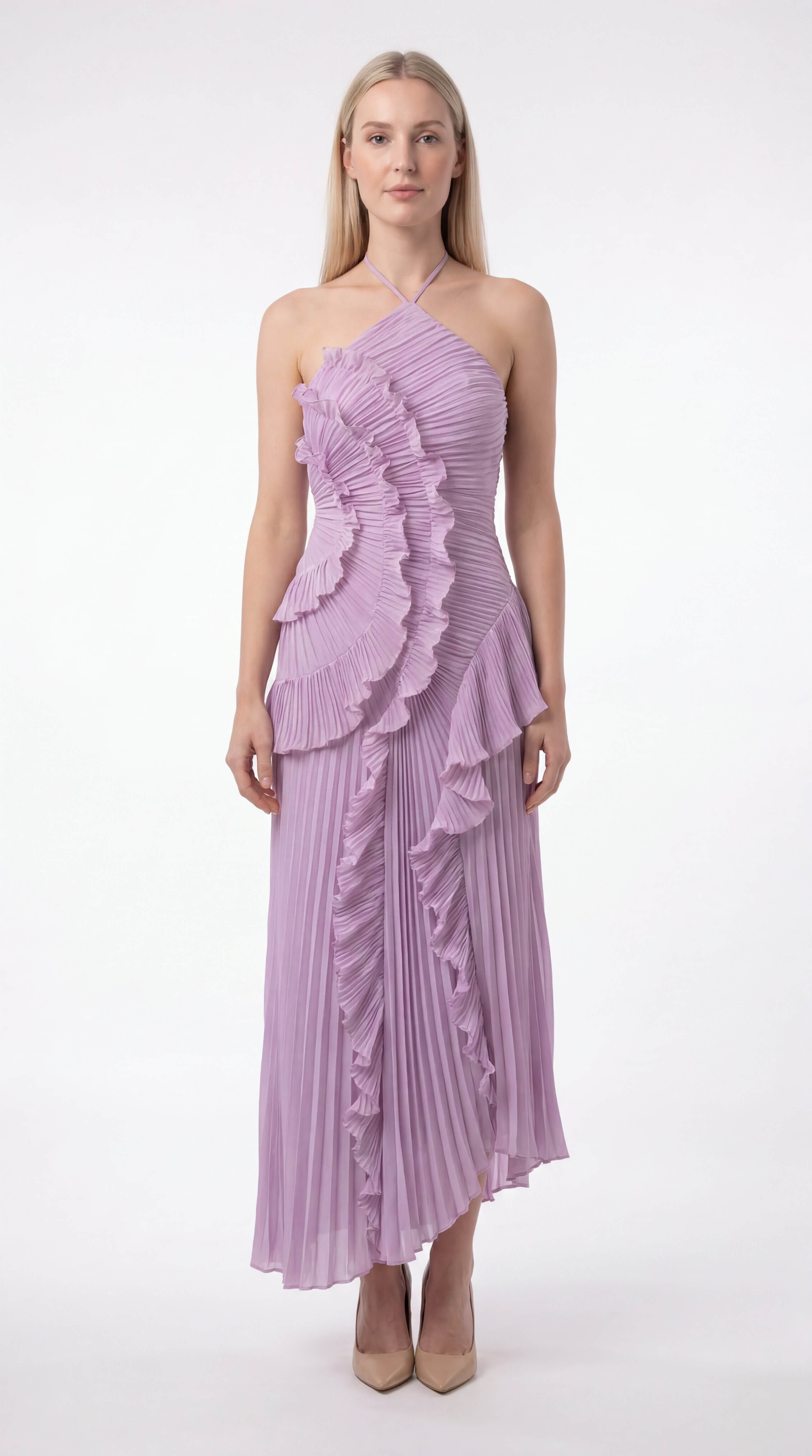 Women's Ruffle Halter Maxi Dress Wedding Guest Formal Gown - 1