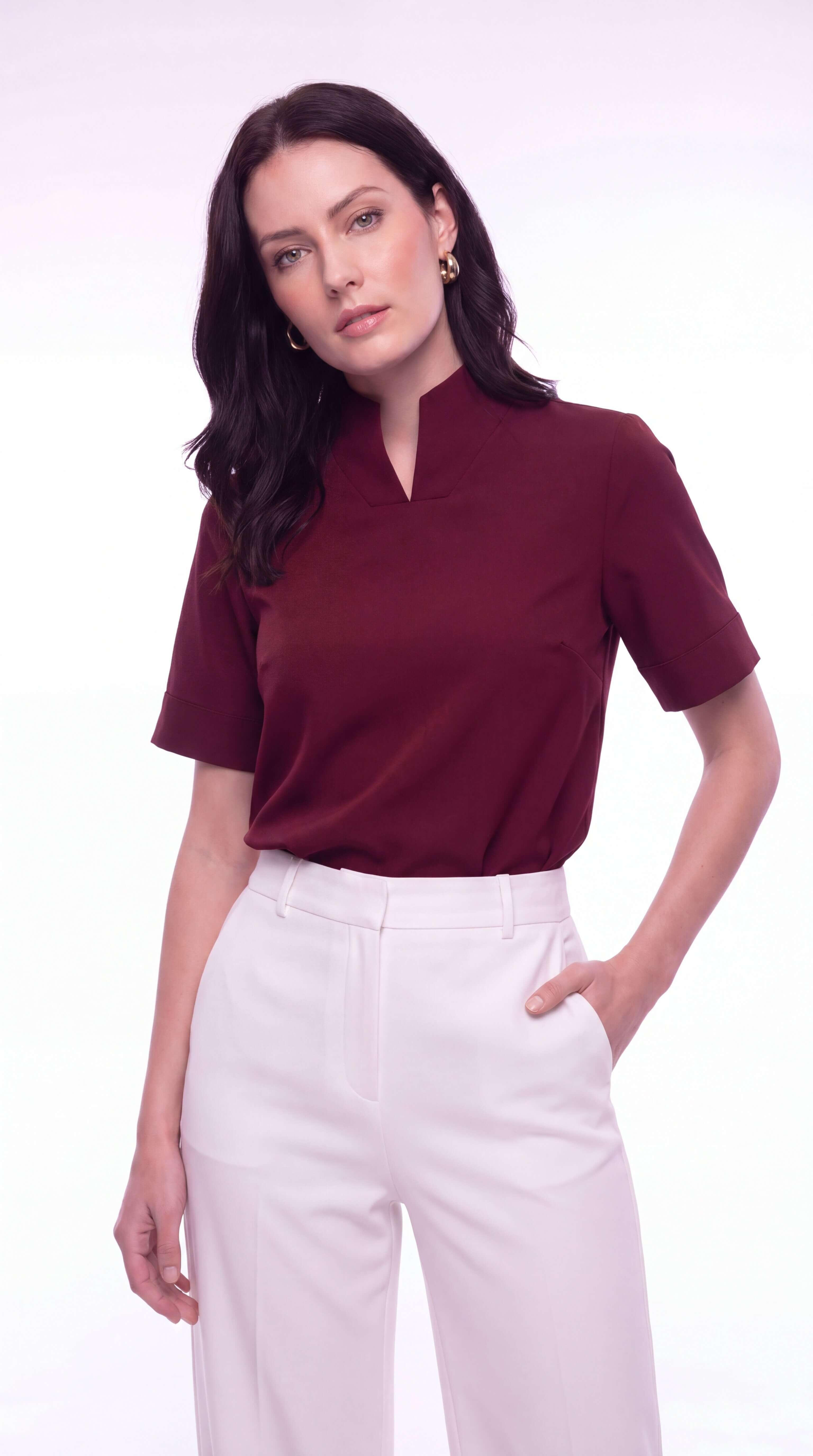 Women's Stand Collar Short Sleeve Blouse Office Work Minimalist - 7