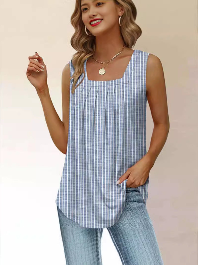 Women's Striped Pleated Tank Top with Square Neckline - 1