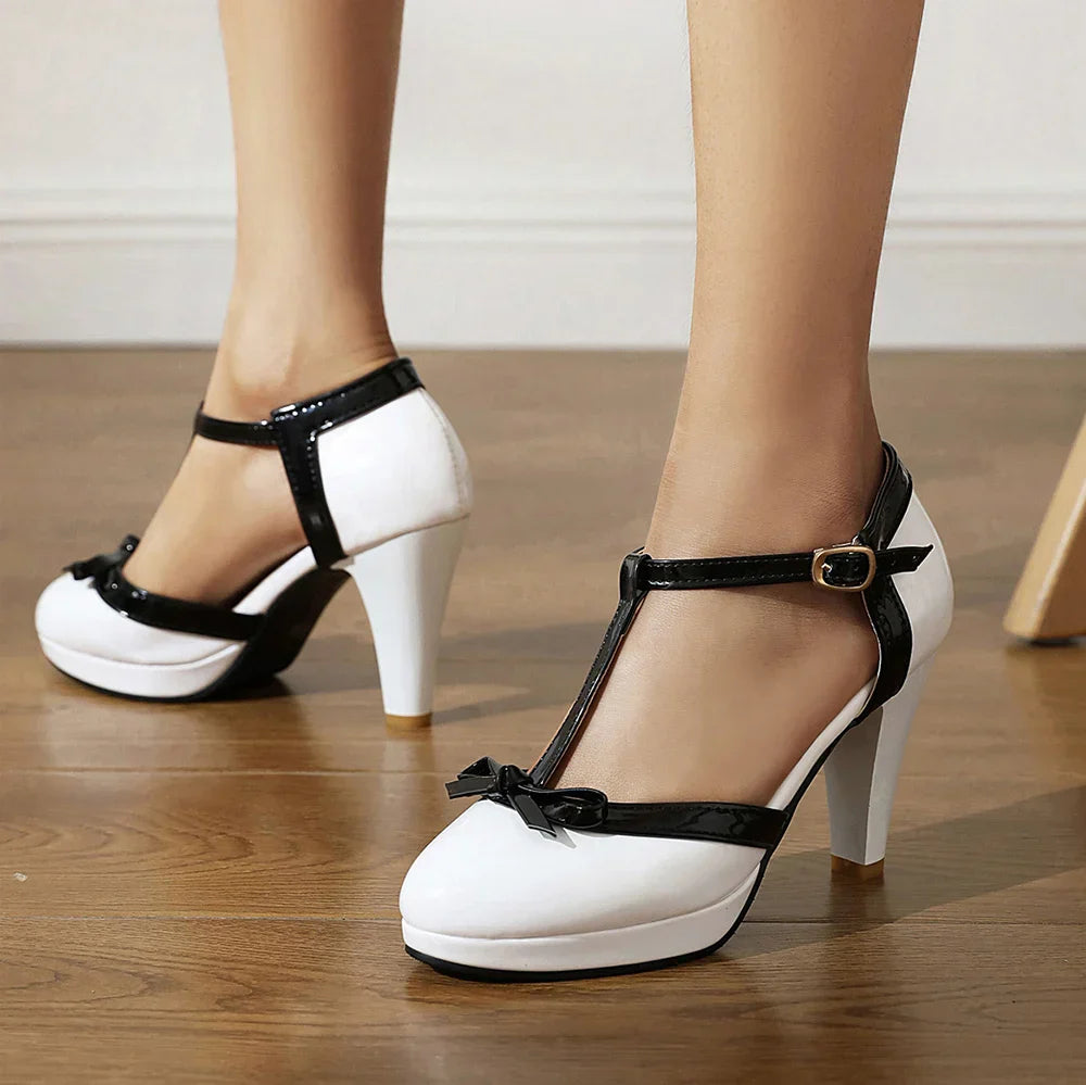 Women's T-Strap High Heel Pumps Buckle Closure Round Toe
